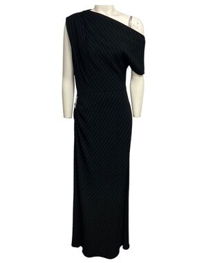 BRANDON MAXWELL BLACK / WHITE PINSTRIPE LOWERY ASYMMETRIC DRESS